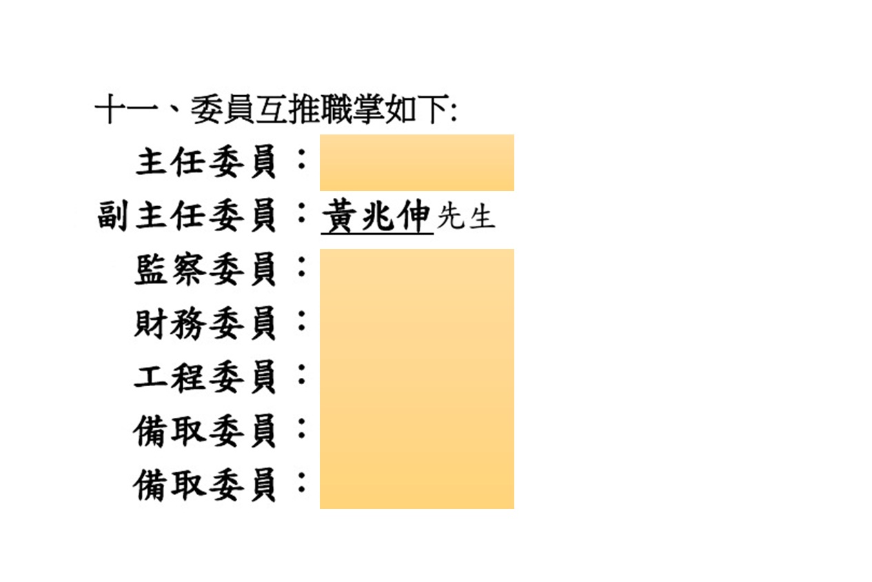 點選開啟原始圖(新視窗) 第一屆第一次區權會紀錄載明黃兆伸為副主任委員