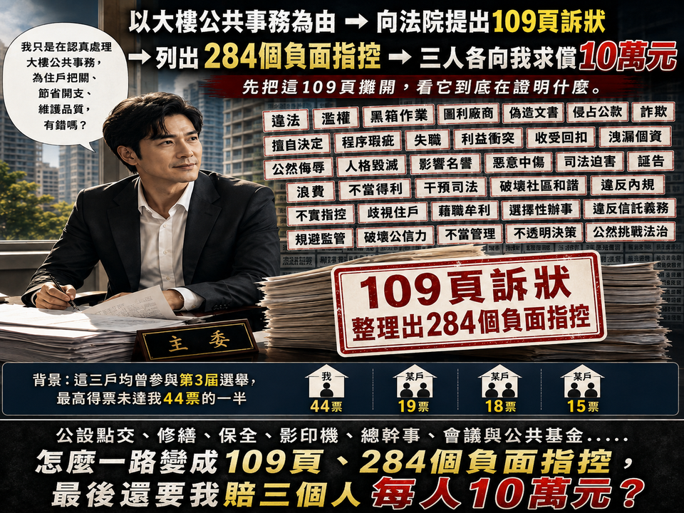 點選開啟原始圖(新視窗) 第五篇梗圖|以大樓公共事務為由,向法院提出109頁訴狀,整理出284個負面指控,三人各向我求償10萬元