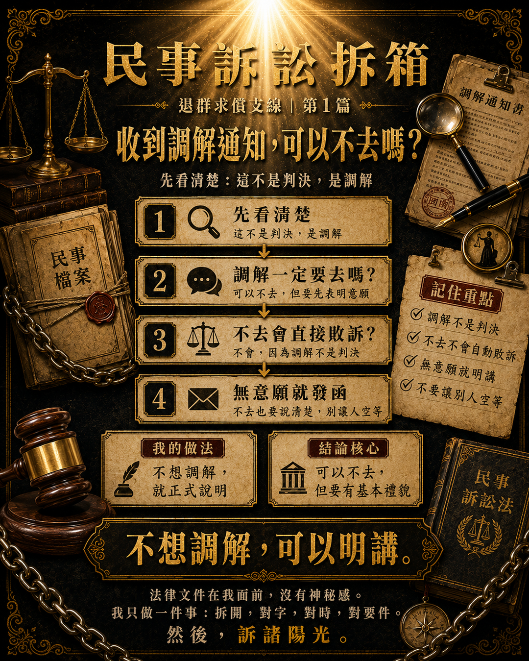 民事訴訟拆箱|退群求償支線 第1篇|收到調解通知,可以不去嗎?|上方梗圖