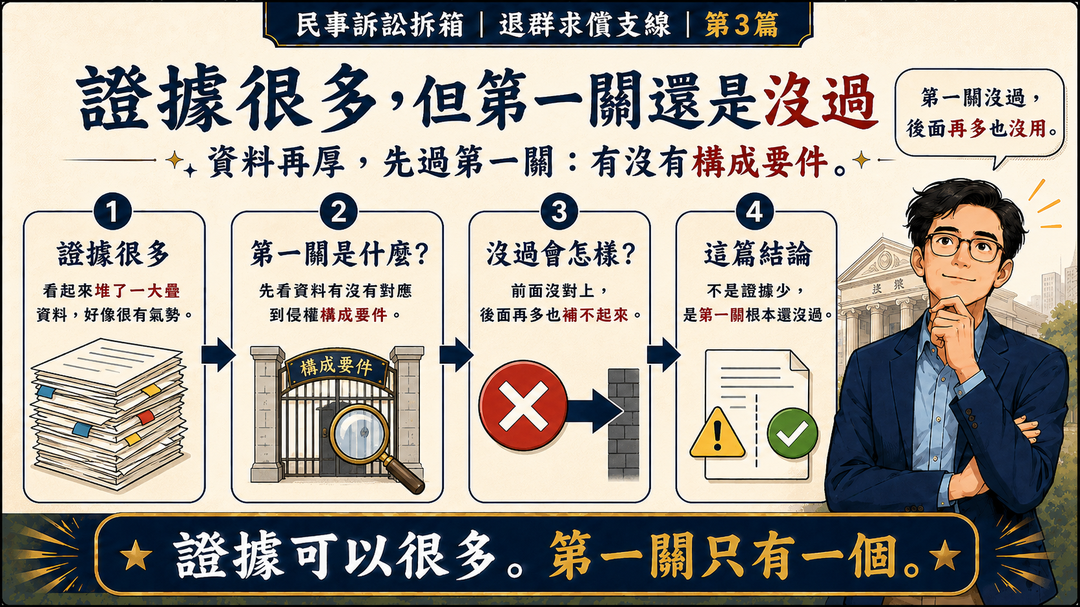 民事訴訟拆箱｜退群求償支線 第3篇｜證據很多，但第一關還是沒過｜結尾梗圖