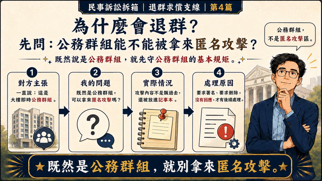 民事訴訟拆箱｜退群求償支線 第4篇｜為什麼會退群？先問：公務群組能不能被拿來匿名攻擊？｜結尾梗圖