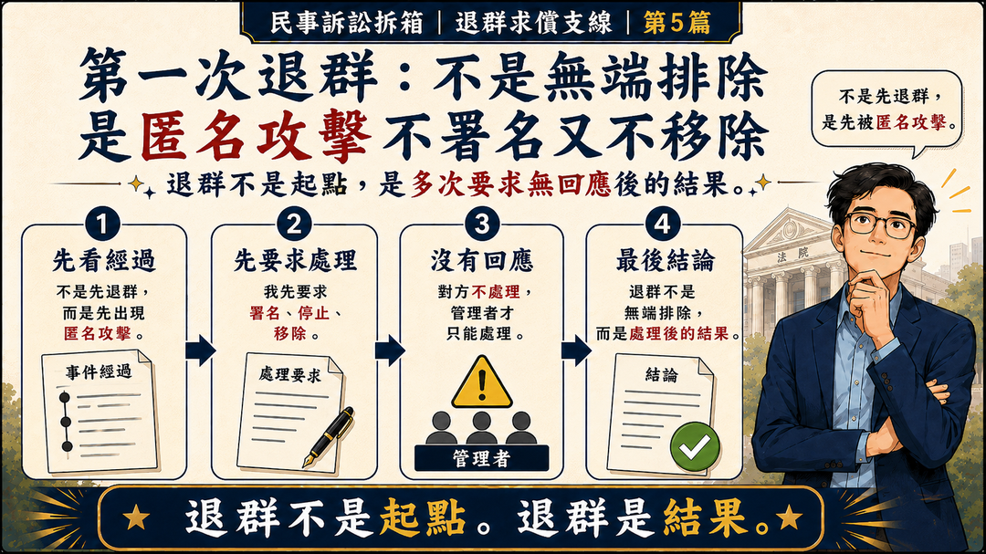 民事訴訟拆箱｜退群求償支線 第5篇｜第一次退群：不是無端排除，是匿名攻擊不署名又不移除｜結尾梗圖