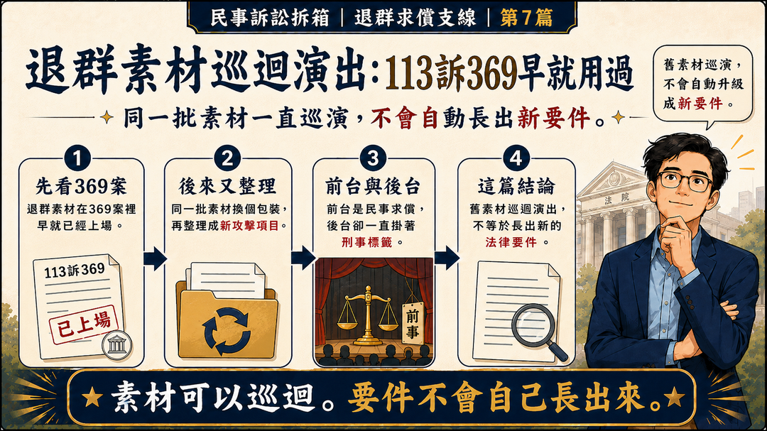 民事訴訟拆箱|退群求償支線 第7篇|退群素材巡迴演出:113訴369早就用過|結尾梗圖