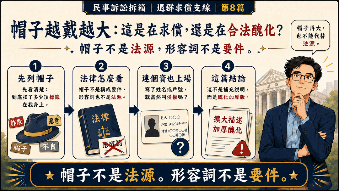 民事訴訟拆箱|退群求償支線 第8篇|帽子越戴越大:這是在求償,還是在合法醜化?|結尾梗圖