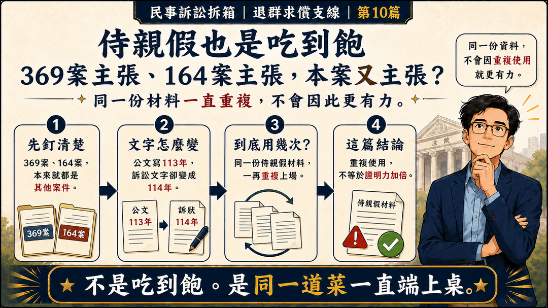 民事訴訟拆箱｜退群求償支線 第10篇｜侍親假也是吃到飽：369案主張、164案主張，本案又主張？｜結尾梗圖