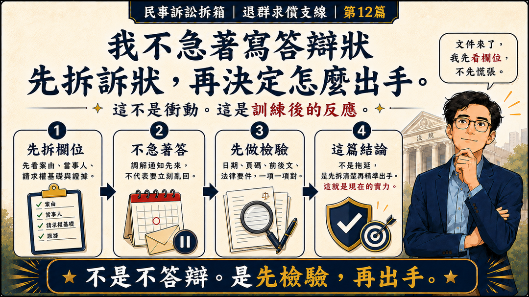 民事訴訟拆箱｜退群求償支線 第12篇｜支線暫收：我不急著寫答辯狀｜結尾梗圖