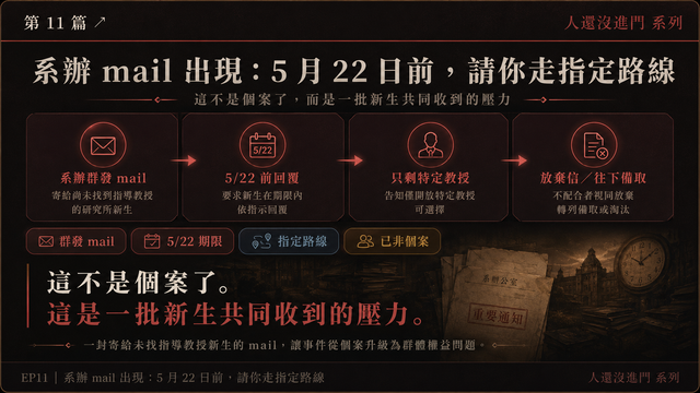 系辦 mail 出現：5 月 22 日前，請你走指定路線
