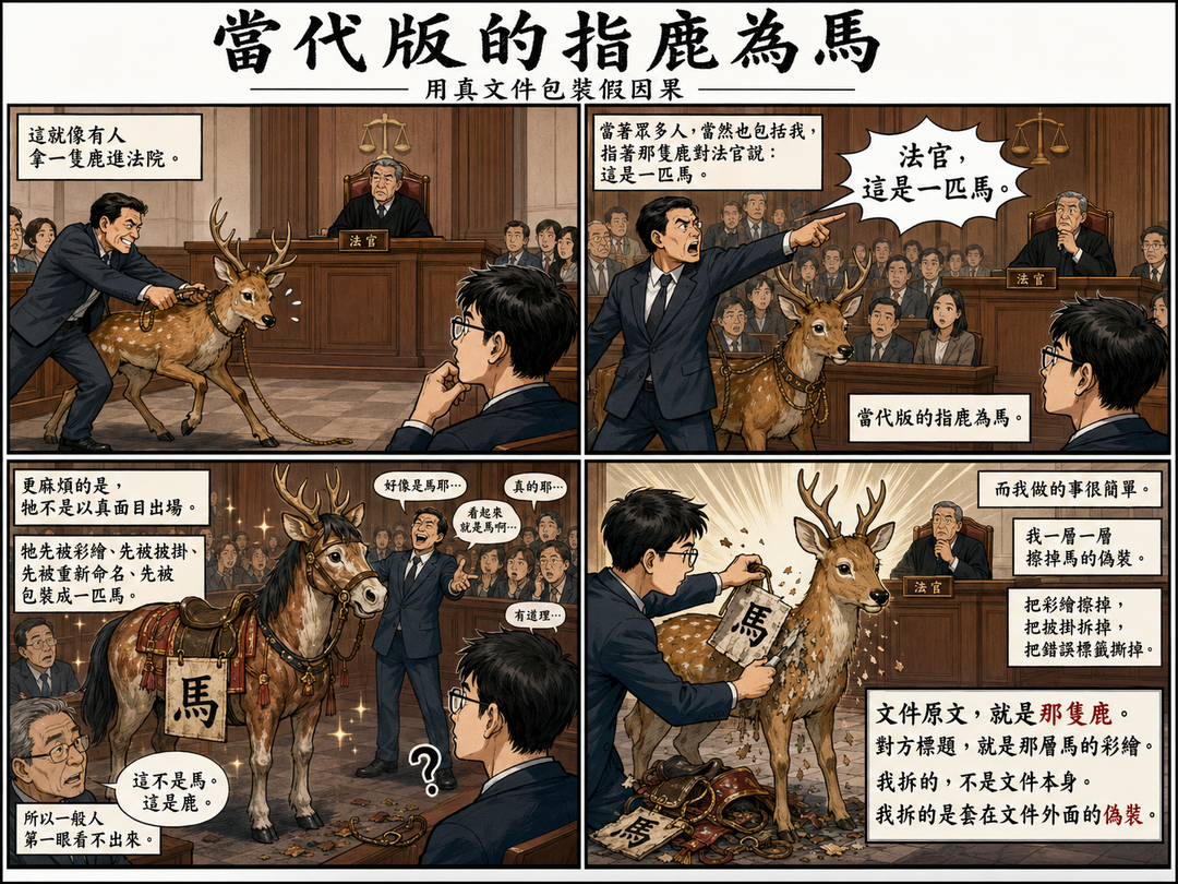 當代版的指鹿為馬四格漫畫：用真文件包裝假因果