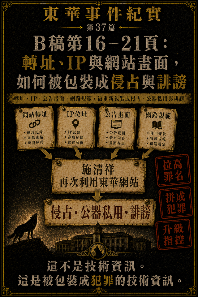 B稿第16–21頁:轉址、IP與網站畫面,如何被包裝成侵占與誹謗